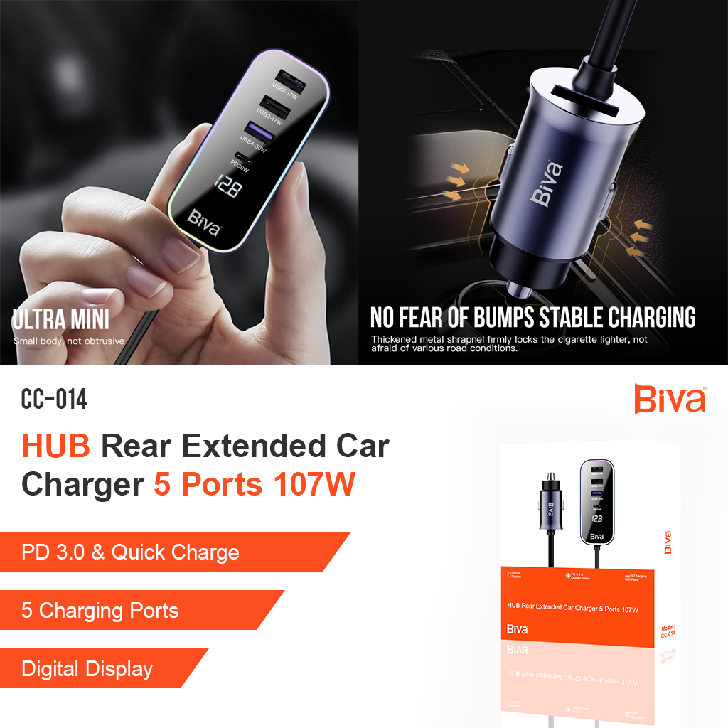 Hub Rear Extended Car Charger 5 Ports 107W